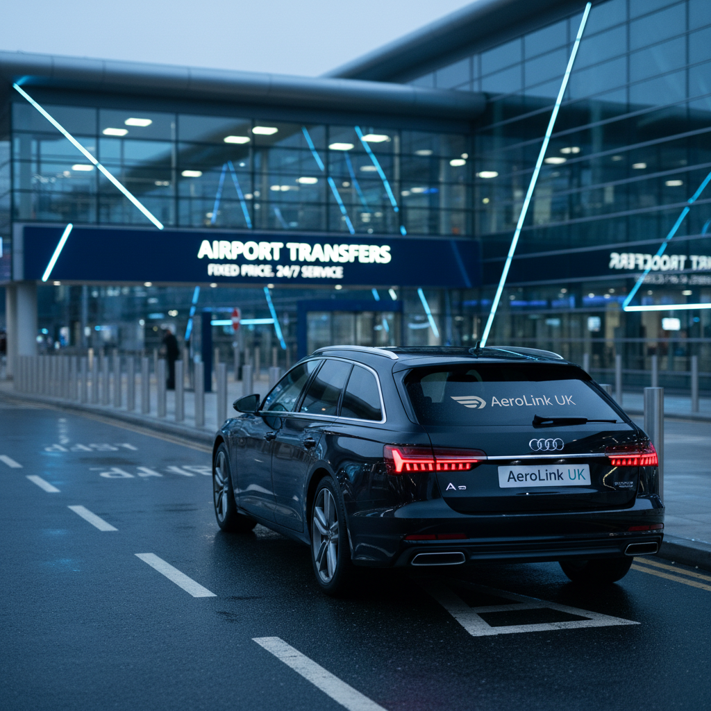 A polished black estate car with discreet AeroLink UK branding on the rear window waits at the clearly marked “Airport Transfers” pickup lane outside a contemporary UK airport terminal. Stainless steel bollards, glass facades, and illuminated signage form a structured, geometric background in gentle blur. Cool, diffused twilight lighting reflects off the car’s bodywork and the wet tarmac, with soft blue and white tones suggesting early-morning or late-night availability. Shot from a slightly low angle to give the vehicle a confident presence, the composition uses leading lines from painted road markings to guide the eye toward the car. Photographic realism with a crisp, professional aesthetic emphasizes punctuality, fixed pricing, and 24/7 service, with the entire scene free of human figures.