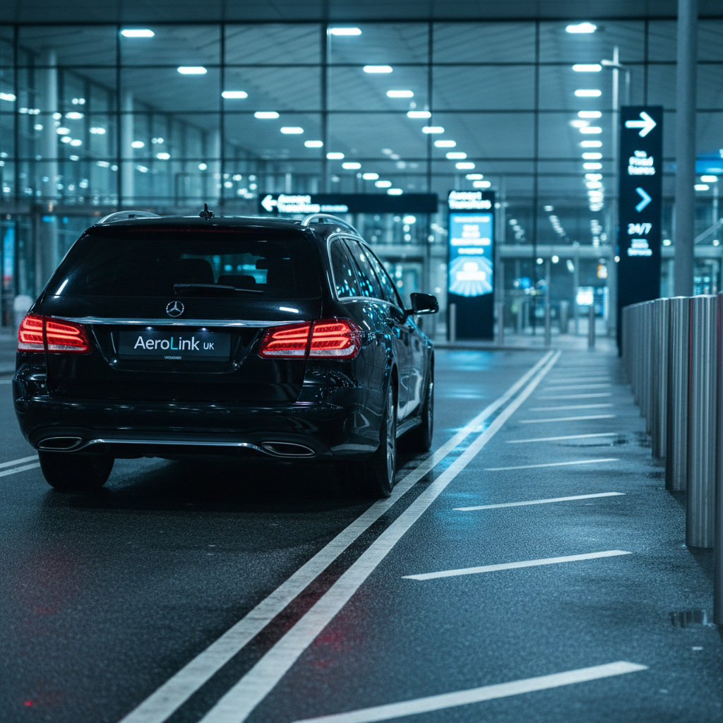A polished black estate car with discreet AeroLink UK branding on the rear window waits at the clearly marked “Airport Transfers” pickup lane outside a contemporary UK airport terminal. Stainless steel bollards, glass facades, and illuminated signage form a structured, geometric background in gentle blur. Cool, diffused twilight lighting reflects off the car’s bodywork and the wet tarmac, with soft blue and white tones suggesting early-morning or late-night availability. Shot from a slightly low angle to give the vehicle a confident presence, the composition uses leading lines from painted road markings to guide the eye toward the car. Photographic realism with a crisp, professional aesthetic emphasizes punctuality, fixed pricing, and 24/7 service, with the entire scene free of human figures.